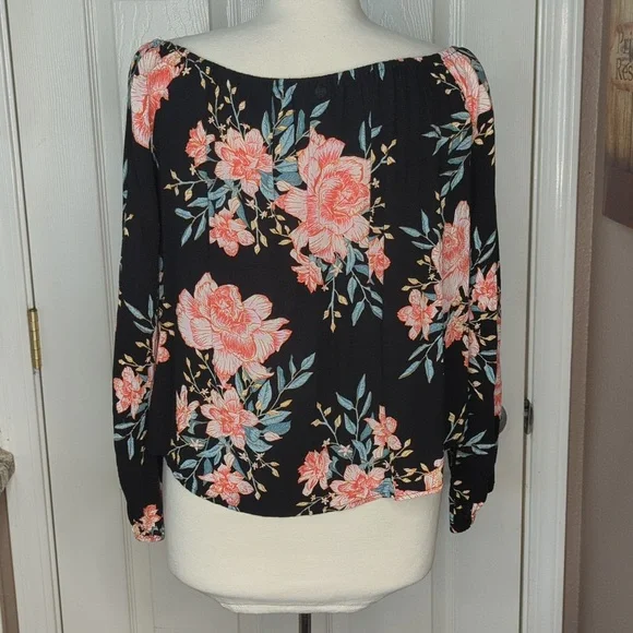 Billabong black with pink white green floral flowy long sleeve shirt size medium - Picture 3 of 9